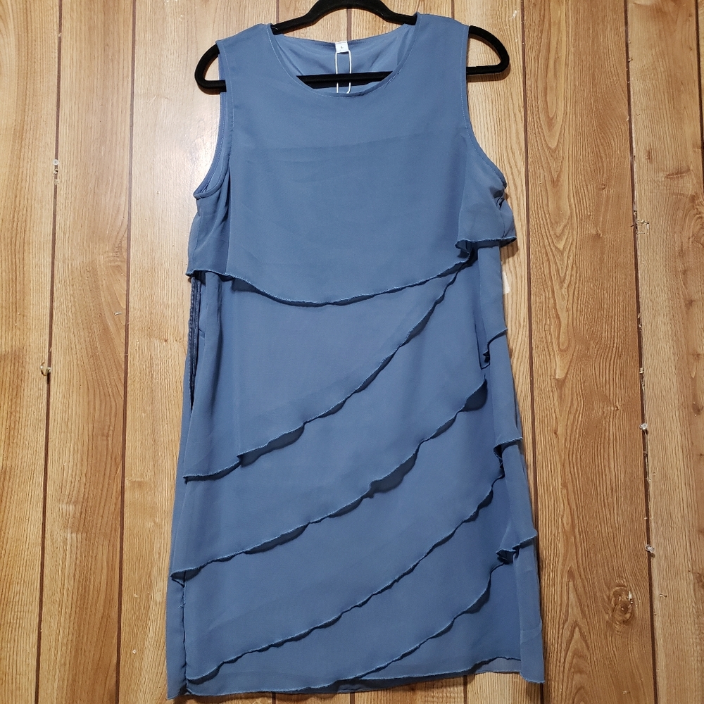 Blue Shift Midi Ruffle Sleeveless Round Neck Solid Dress Lg Duefe Brand NWT